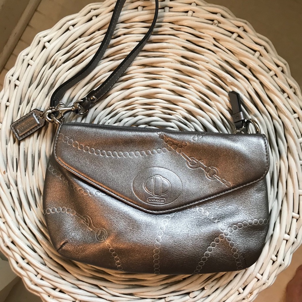 Coach pewter large leather wristlet